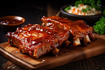 Delicious pork ribs slathered in flavorful barbecue sauce. Generative AI - obrazy, fototapety, plakaty