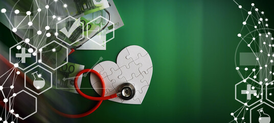 A stethoscope on money and a puzzle heart. Health insurance. Healthcare and medicine. How much is the treatment. Money and medicine. World Heart Day. World Health Day. - obrazy, fototapety, plakaty