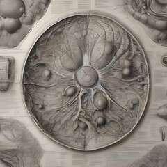 An intricate, hand-drawn scientific illustration of the anatomy of a human cell1