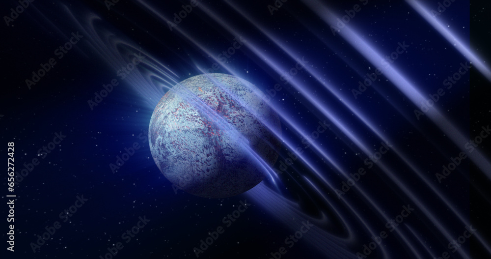 Poster abstract blue space planet with a round asteroid belt ring futuristic hi-tech on the background of s