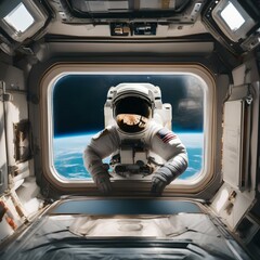 An astronaut floating in the International Space Station, looking through a window at Earth below4