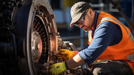 aircraft technician is repairing a turbine telephoto lens daylight - obrazy, fototapety, plakaty