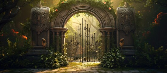 Illustration of a enchanted garden with ivy and flowers featuring a magical old gate
