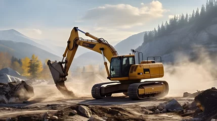  A large construction back hoe vehicle on a large rock pile with another construction vehicle working in the background. Sky is hazy to indicate dust and an active work site. © Lucky Ai