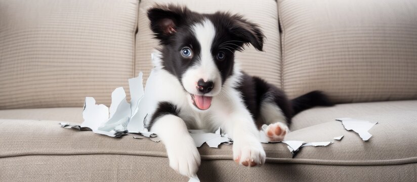 Border Collie puppy chews home furniture