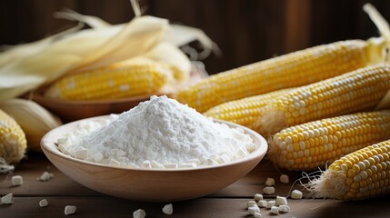 Corn starch in a bowl with ripe cobs and kernels on the table - obrazy, fototapety, plakaty