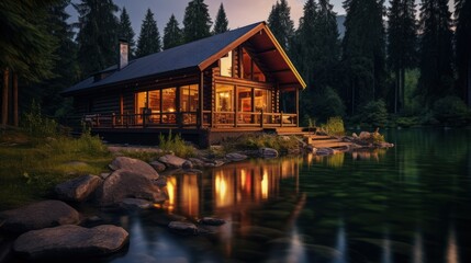 Fototapeta premium Cozy wooden log cabin on a river or lake with a beautiful and scenic view of nature