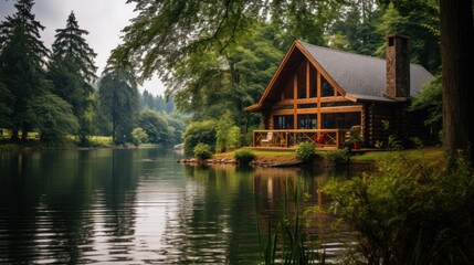 Fototapeta na wymiar Cozy wooden log cabin on a river or lake with a beautiful and scenic view of nature
