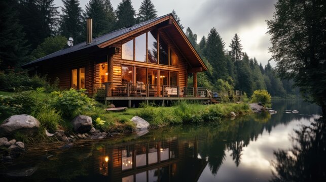 Cozy wooden log cabin on a river or lake with a beautiful and scenic view of nature