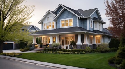 Exterior of a classic and modern house situated in the suburbs of a town or city in the USA - obrazy, fototapety, plakaty