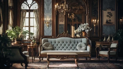 Deurstickers An image showcasing the ornate details of a Victorian living room, including intricately carved furniture, patterned wallpaper, and vintage decor. AI generated © Hifzhan Graphics