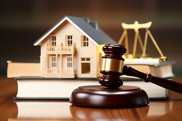 Legal concept depicting housing legislation with law books, a house, and a gavel. Generative AI