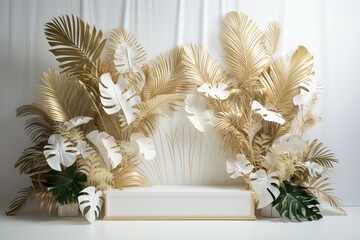 White podium with gold tropical leaves. Generative AI