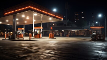 Gas station exterior night lights. - obrazy, fototapety, plakaty