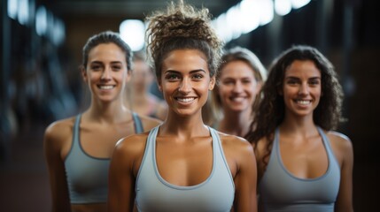 Fototapeta premium Group of happy young women in sports clothes smiling and looking at camera in gym