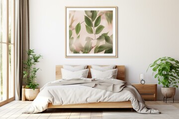 Mockup of poster on wooden frame in a bedroom with bed, plaid, and plants. Generative AI