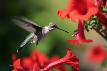 A hovering hummingbird by a red flower in a garden. Generative AI