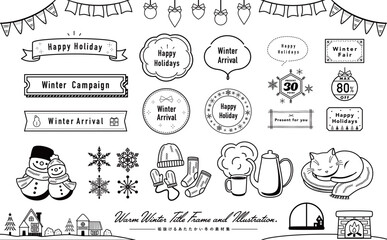 シンプルポップでおしゃれな暖かい冬イメージのベクターイラストとフレーム素材セット_単色