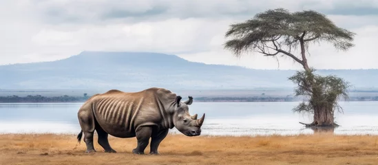 Rolgordijnen Black rhino in Kenyan landscape photographed during safari trip © 2rogan