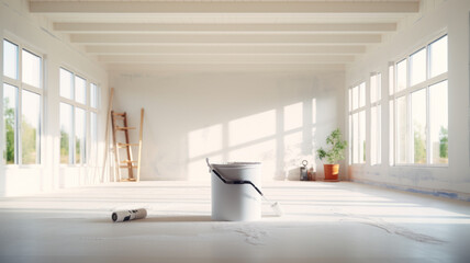 Asian painter male worker paints a wall with a paint roller Repainting the walls inside the house generative ai