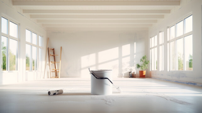 Asian painter male worker paints a wall with a paint roller Repainting the walls inside the house generative ai
