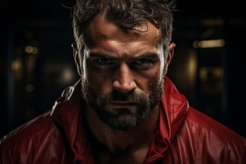 Fototapeta premium Boxer's focused and determined expression as they prepare to enter the ring, Generative AI