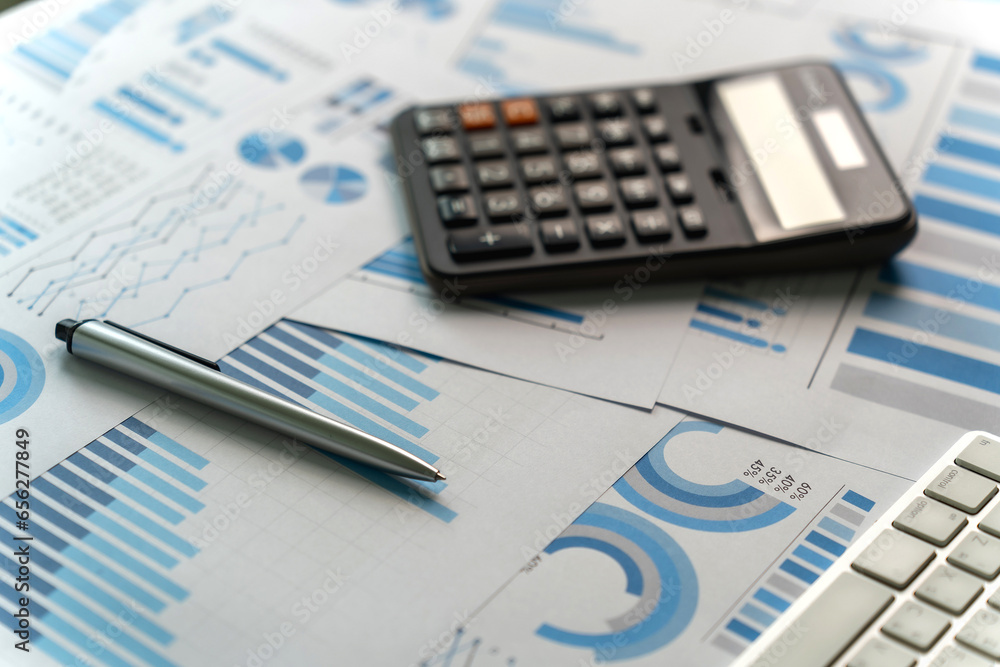 Poster close-up of the calculator paper data report financial chart and pen document analysis budget chart 