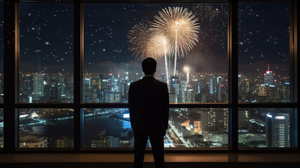 Silhouette of a man looking at fireworks in the city.  - obrazy, fototapety, plakaty