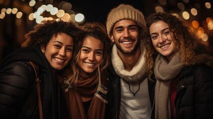 A Young and diverse group of friends celebrating the Christmas and new year holidays together outside in the city - obrazy, fototapety, plakaty