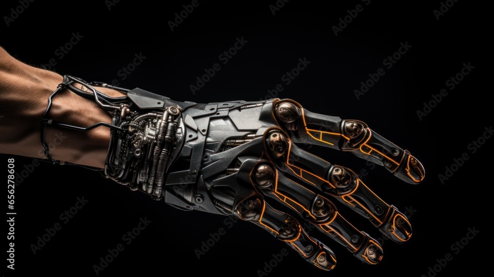Poster robotic hand on a black background with a vignette.