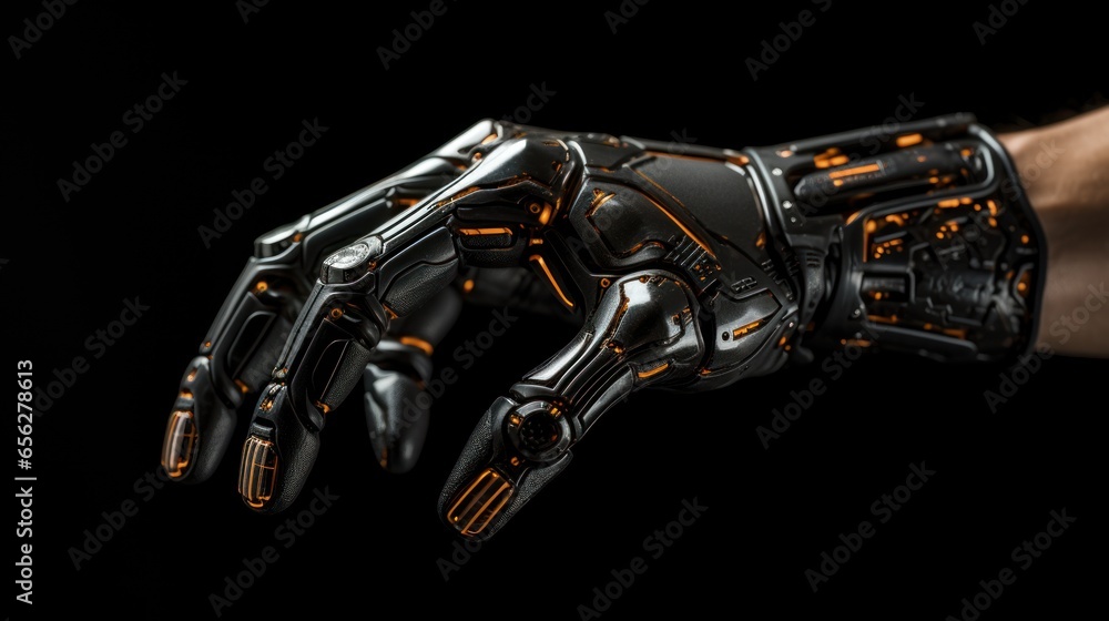 Poster robotic hand on a black background with a vignette.