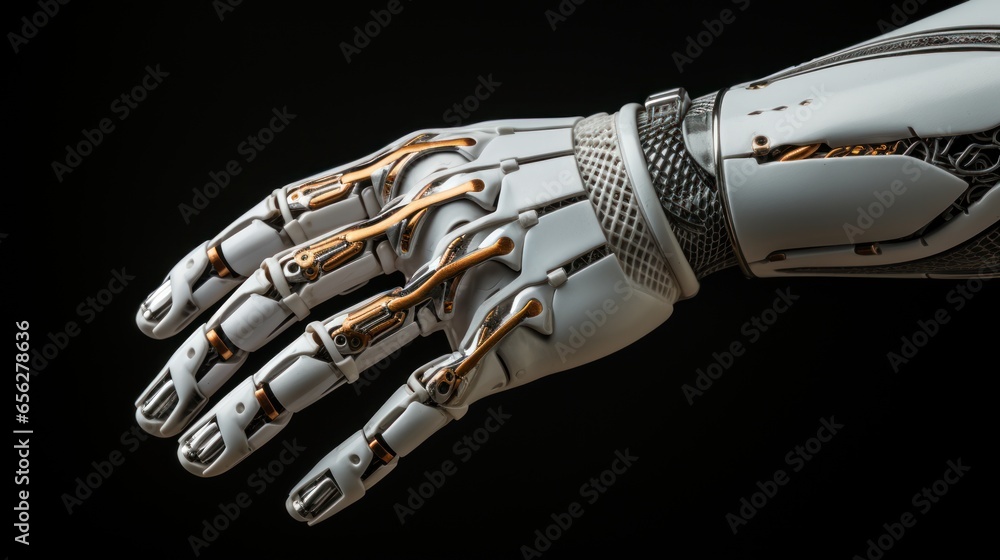 Aufkleber robotic hand on a black background with a vignette.
