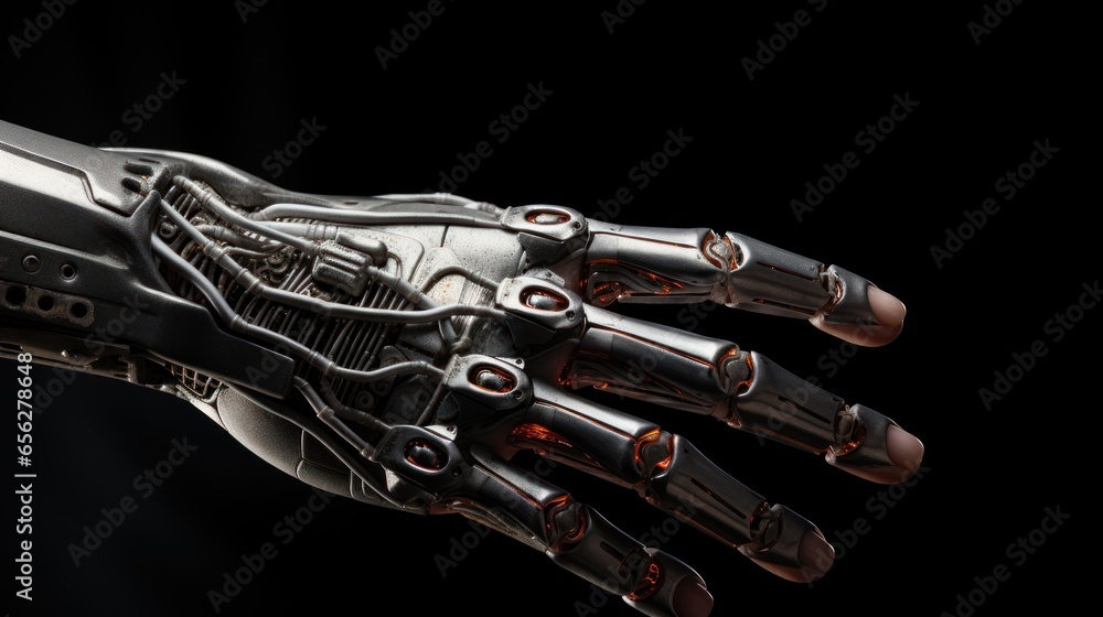 Poster robotic hand on a black background with a vignette.