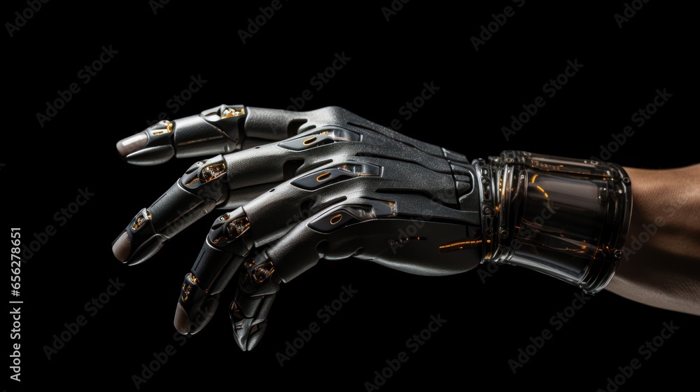 Aufkleber robotic hand on a black background with a vignette.