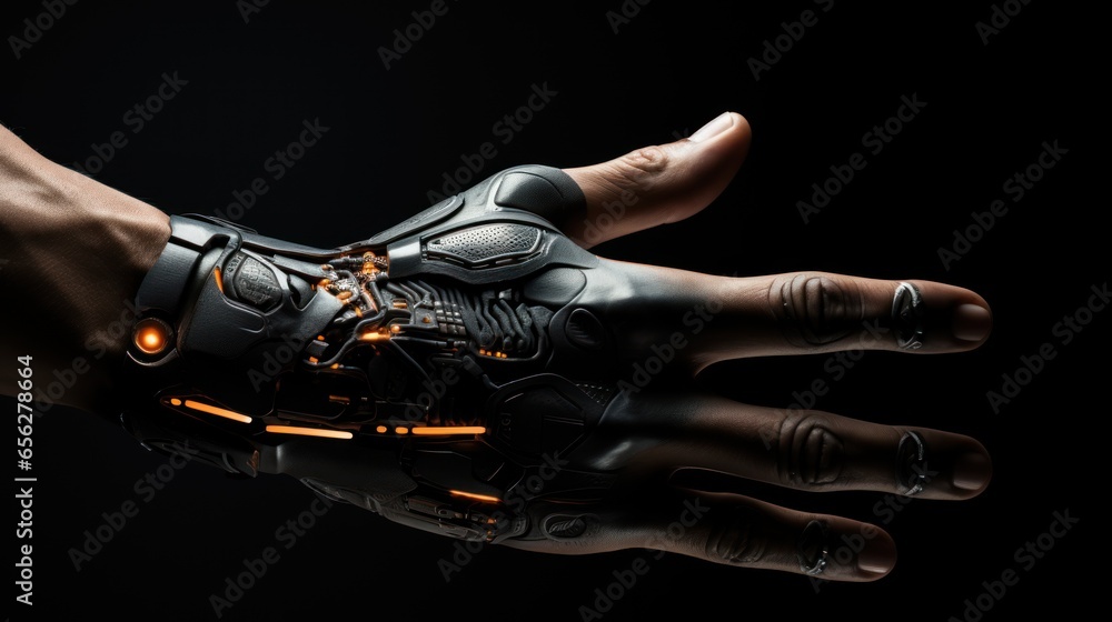 Poster robotic hand on a black background with a vignette.