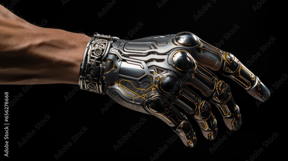 Poster robotic hand on a black background with a vignette.