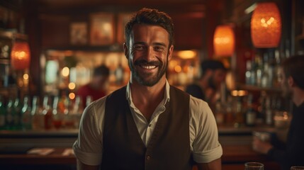 Fototapeta na wymiar Photograph of Smiling portrait of a young caucasian bartender working behind a bar