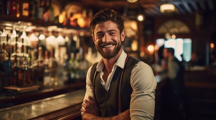 Photograph of Smiling portrait of a young caucasian bartender working behind a bar