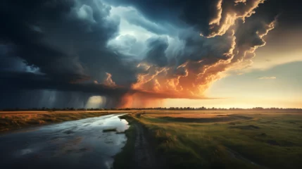 Zelfklevend Fotobehang Dramatic Thunderstorm Clouds over a Prairie © The