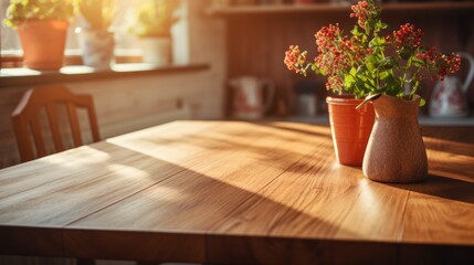 Wooden clean table in the kitchen, The sun shines through the window. - obrazy, fototapety, plakaty