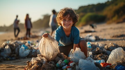 boy volunteer smiling looking at a camera picking up a plastic litter on a beach. - obrazy, fototapety, plakaty