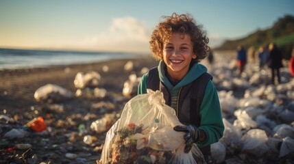 boy volunteer smiling looking at a camera picking up a plastic litter on a beach. - obrazy, fototapety, plakaty