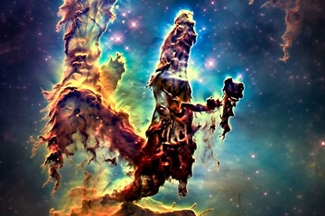 Astounding new perspective on the stunning Eagle Nebula's pillars of creation in the constellation Serpens. Generative AI - obrazy, fototapety, plakaty