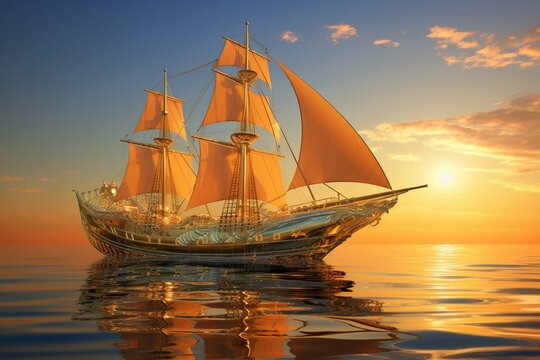 A stunning yacht with golden glass sailing across the ocean at sunset. Generative AI