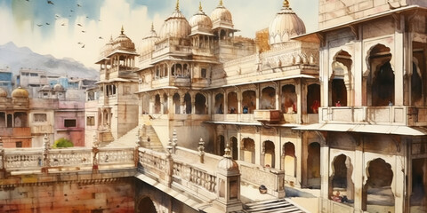watercolor painting India See buildings and places as landmarks - obrazy, fototapety, plakaty