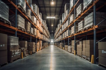An image showing a logistics warehouse with various items neatly organized on shelves and ready for distribution. Generative AI - obrazy, fototapety, plakaty