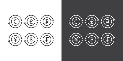 Finance, business, Money and currency exchange in flat icons set isolated on black and white background flat vector illustration, Set of the most popular currency symbol.