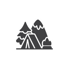 Snowy forest and camping tent vector icon