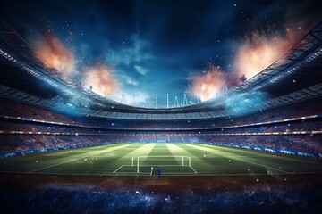 Bright football in stadium for team tournament in arena for game competition. Generative AI - obrazy, fototapety, plakaty