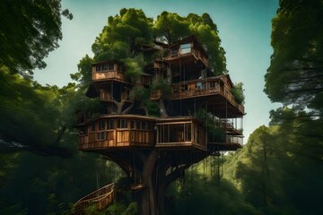 Tree house of perspectives, neighborhood of tree apartments, trees with windows - AI Generative